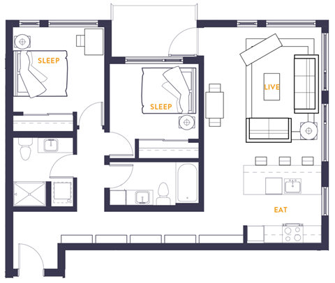 Floor plan for 2 beds, 2 baths, 1013 sqft